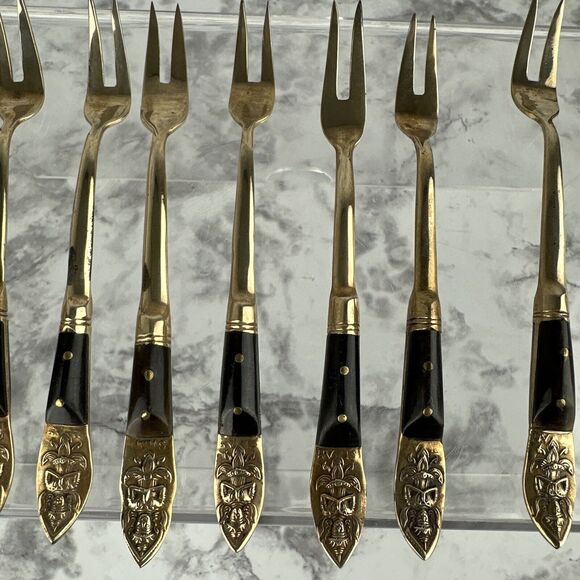Vintage Mid Century Modern Siam Appetizer Forks 9 Piece Brass Thailand Buddha - Picture 3 of 8